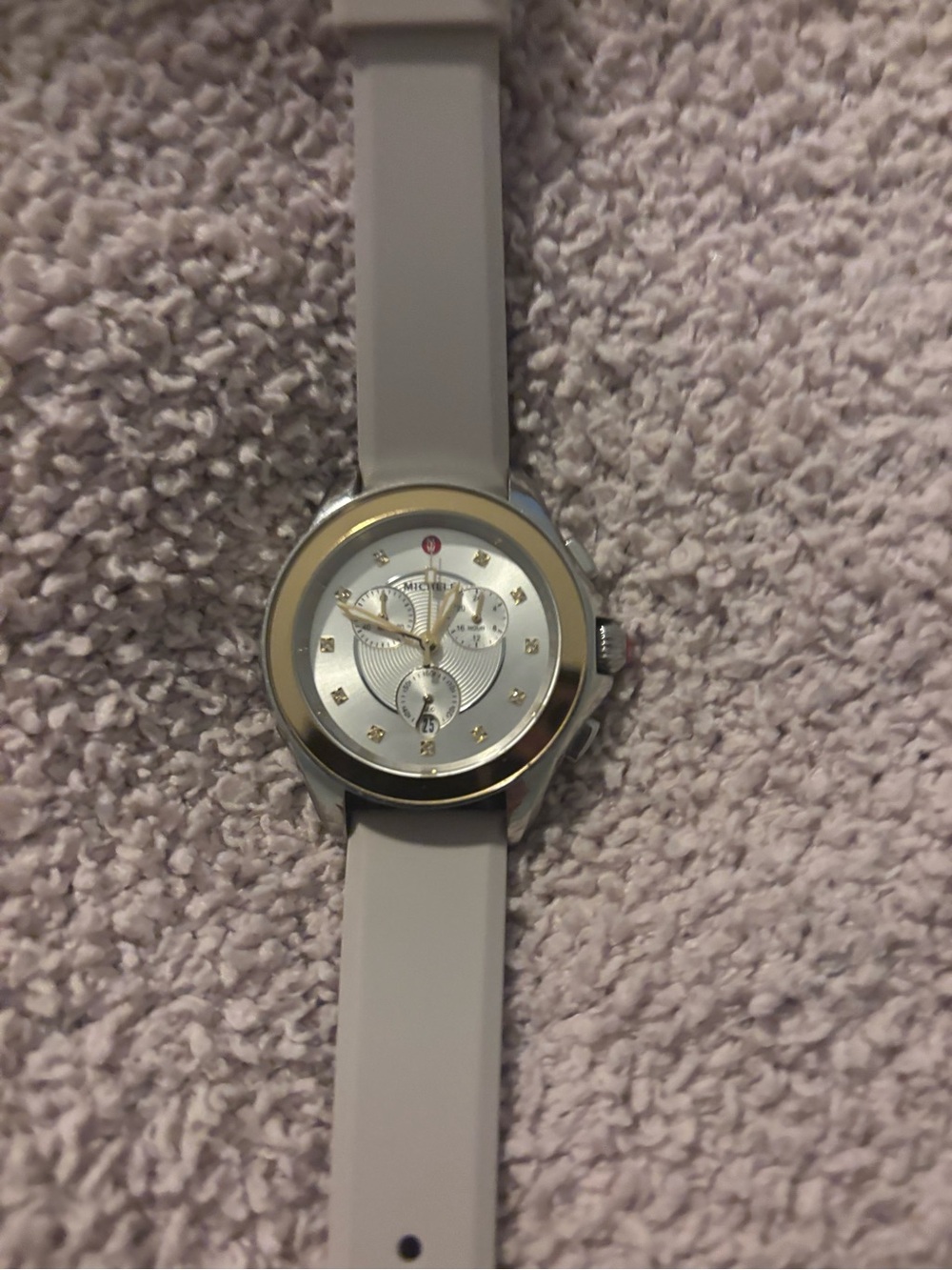 Michele Silver-Tone Case with Light Gray Silicone Strap Chronograph Watch Authen